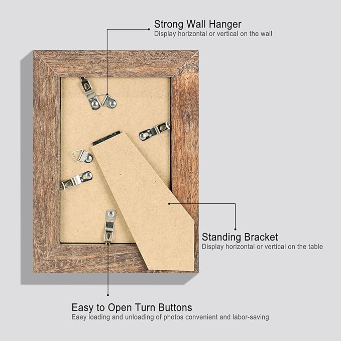 4x6 Picture Frame Set of 4, High Definition Real Glass Rustic Brown Frame, 4 x 6 Photo Frames for Tabletop Display and Wall Mounting