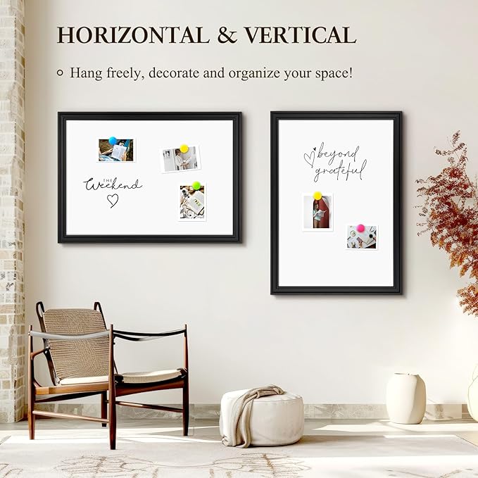 4 THOUGHT Dry Erase Board, 24 x 36 in Magnetic Whiteboard Black Vintage Wood Frame Wall-Mounted White Board Decorative Notice Board for School, Office, Home, Kitchen with 6 Magnets 4 Markers 1 Eraser