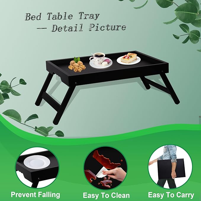 Bamboo Bed Tray Table with Foldable Legs, Breakfast in Bed Tray for Kitchen Serving Tray, Eating, Working, Drawing Tray (2 Pack, Black)