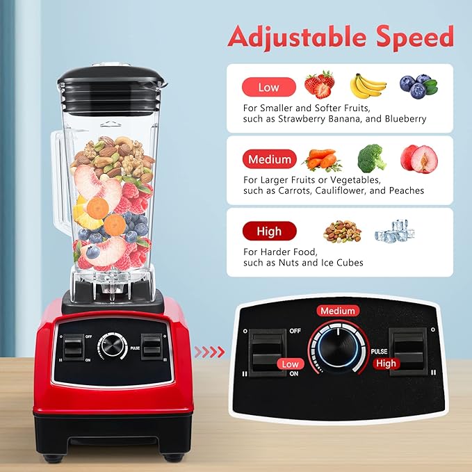 2L 2200W Professional Countertop Blender Heavy Duty Household Grade Blender Mixer with Food Grade ABS Stirring Rod for Milkshakes and Ice Cream (red)