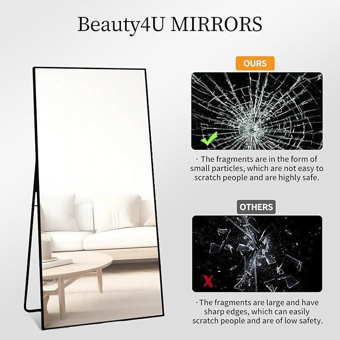 Beauty4U 65" x 24" Full Length Mirror with Stand, Black Wall Mounting Full Body Mirror, Metal Frame Full-Length Tempered Mirror for Living Room, Bedroom