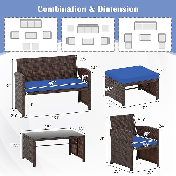 Tangkula 6 Pieces Patio Furniture Set, Outdoor Sectional Conversation PE Rattan Sofa Set with 1 Loveseat, 1 Coffee Table, 2 Armchairs and 2 Ottomans for Garden, Deck, Backyard and Poolside (Navy)