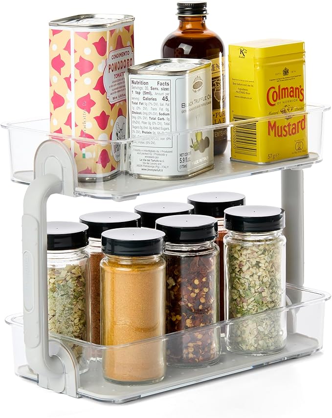 madesmart Two Level Spice Organizer-Cabinet Collection Maximizes Vertical Space, Removable Soft-Grip Lining, Dual Handles &BPA-Free, Small, Grey