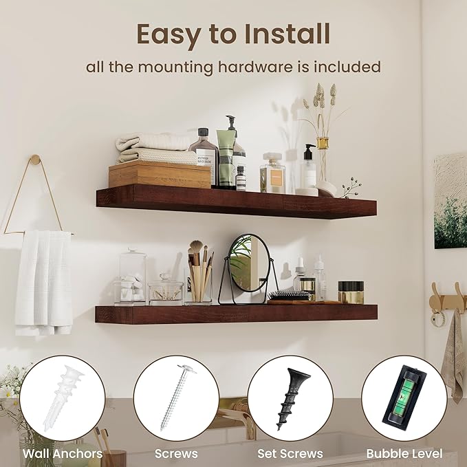 fuqing Floating Shelves for Wall - 36 Inch Natural Wood Shelves Set of 2-9.3 Inch Deep Wooden Wall Shelves with Upgraded Metal Brackets for Room