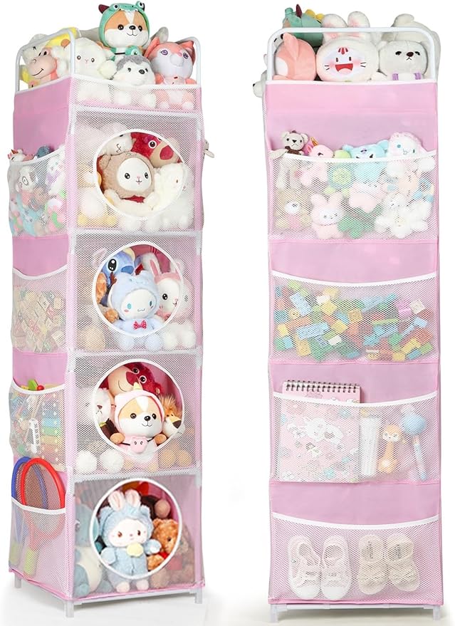 Stuffed Animal Storage, 5 Tier - 8 Side Pockets Toy Storage Organizer, 63.8" Space-Saving Corner Storage for Kids' Bedroom & Playroom, Pink