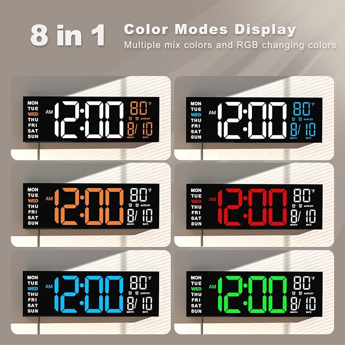 JALL 16" Large Digital Wall Mount Clock, Count Down Timer, Alarm, Big LED, RGB Color, DST, Temperature for Living Room Classroom Desk, Xmas, Birthday Gift for Senior Mom Dad (Blue White, 16 inches)