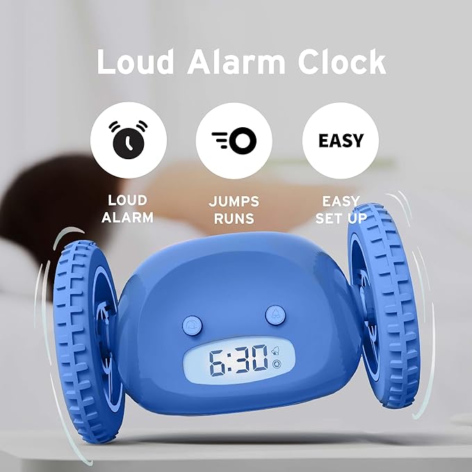 CLOCKY Extra Loud Alarm Clock for Heavy Sleepers on Wheels Rolls Runaway Vibrating Easy To Set Super Smart Snooze Digital Bed Shaker Alarm Clock Funny Gift for Adults Kids Teens Bedrooms (Blue Wheels)