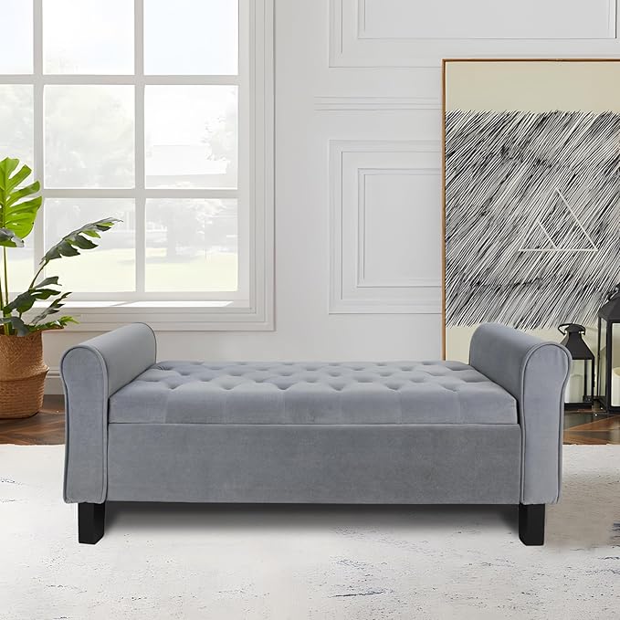 Storage Ottoman Bench with Arms, Velvet End of Bed Bench for Bedroom, Button Tufted Storage Bench for Entryway, Living Room,Hallway, Large Storage Bench Foot Rest (Dark Grey)