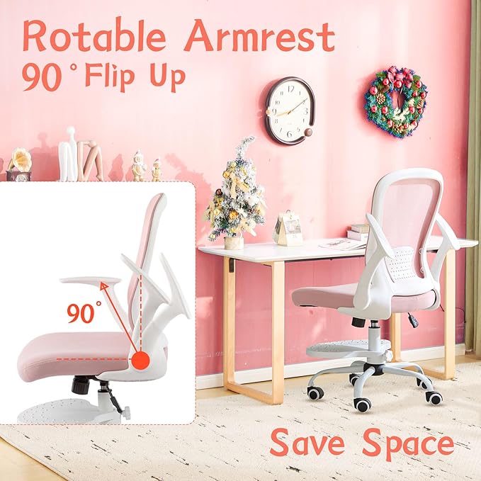 Kids Desk Chair Ergonomic Study Chair Swivel Mesh Desk Chair with Adjustable Arm Height Footrest Wheel Computer Home Office Chair for Children Boys Girls Students Bedroom School Age 5-13 Pink