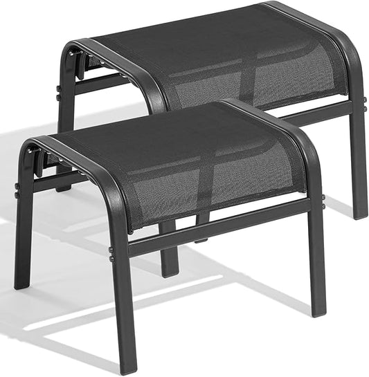 ONBRILL Outdoor Ottoman Foot Rest Set of 2, Textilene Fabric Outdoor Footstool with Tight Surface and Stable Metal Frame, Wide Use Outdoor Ottomans for Patio, Balcony, Poolside and Indoors, Black