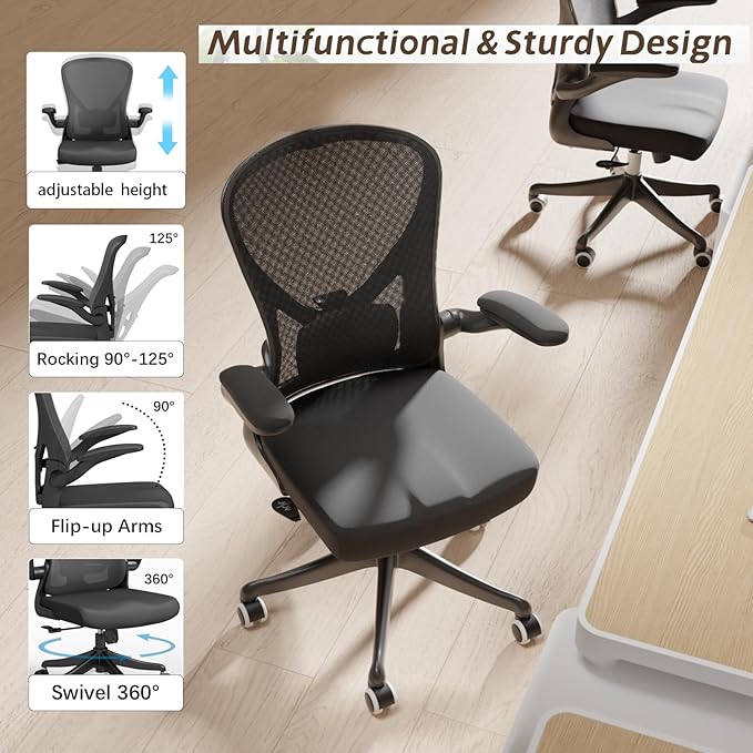 Ergonomic Office Chair with Adjustable Flip-Up Armrests & Lumbar Support - Thickened Cushion Desk Chair with Wheels, Home Office Computer Chair (Black)
