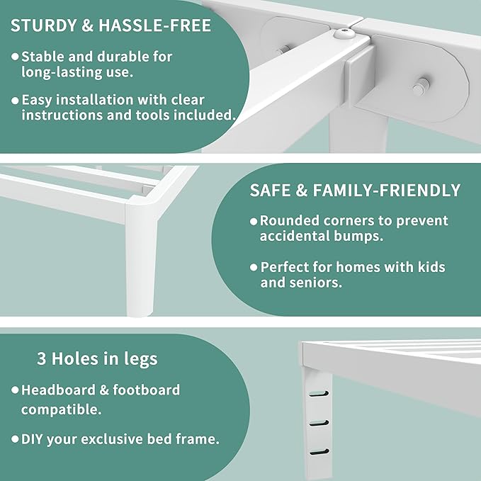 ITIMIDI 14 Inch Twin White Bed Frames, Metal Twin Platform Bed Frame with Round Corner Legs, Heavy Duty Steel Support 3500 LBS, Storage Space, No Box Spring Needed, Noise Free, Easy Assembly