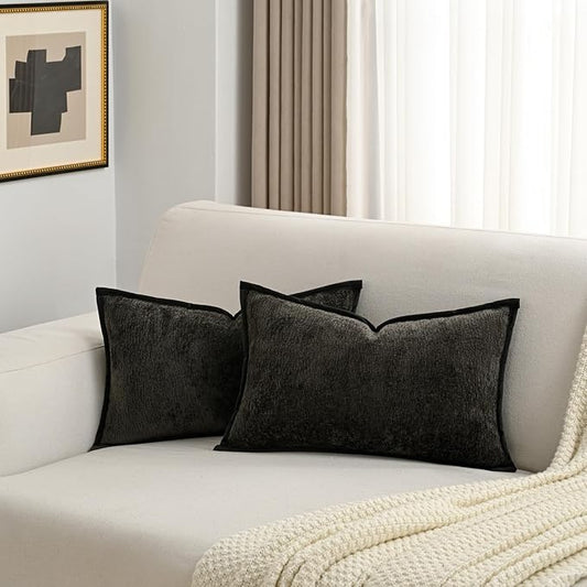 FUTEI Black Chenille Throw Pillow Covers 12x20 Inch Set of 2,Soft Cozy Bound Edge Design Lumbar Pillow Cases,Home Decor for Couch Bed Living Room