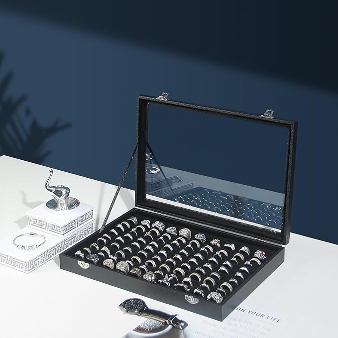 Coward Ring Organizer Jewelry Box, Black Velvet 100 Slots Ring Display Tray Case with Transparent Glass Lid for Home Use or Store Selling Show