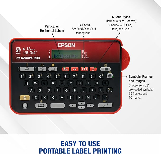 LABELWORKS Epson LW-K200PX-RDB Portable QWERTY Keyboard Label Maker for Home & Hobbies – Craft, Organize, and Personalize - Red Black Printer