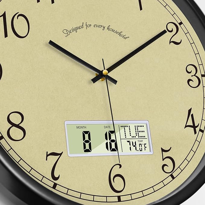 SCAOGE Retro Analog Wall Clock with Date Temperature Day Vintage Ivory Silent Battery Operated Digital Clocks with Week Large Display Clock Decorative for Living Room Kitchen Office Bathroom 12 Inch