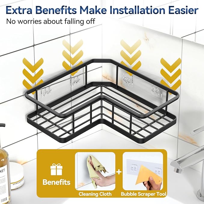 YASONIC Corner Shower Caddy Organizer, 5-Pack Adhesive Rustproof Stainless Steel Shower Shelves with Soap Holder, No Drilling Shower Storage Rack for Family Renters Bathroom, Black