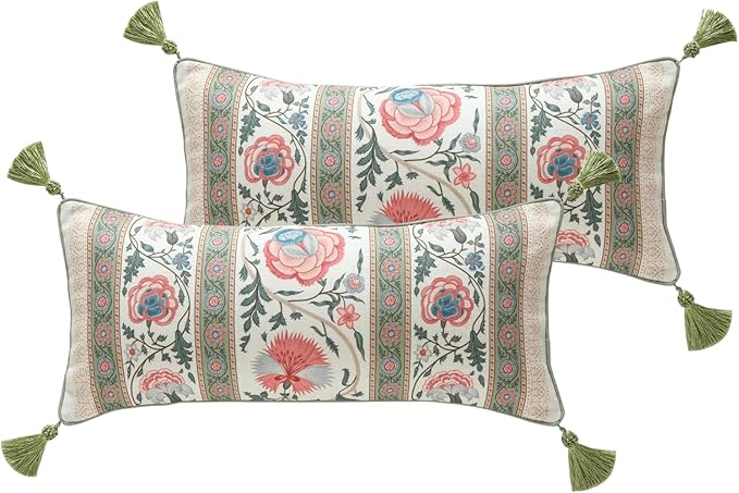 Design Lumbar Retro Elegance Linen Throw Pillow Covers 12"x28" Pack of 2, Green Pink Floral Pattern Cushion Covers Rectangle Decor Pillowcases for Bed,Living Room,Outdoor,Car