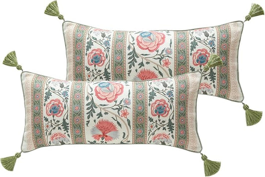 Design Lumbar Retro Elegance Linen Throw Pillow Covers 12"x28" Pack of 2, Green Pink Floral Pattern Cushion Covers Rectangle Decor Pillowcases for Bed,Living Room,Outdoor,Car