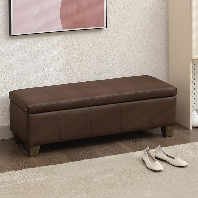 51 Inch Brown Faux Leather Ottoman with Storage, Rectangular Extra Long Bench, End of Bed Bench with Large Storage for Bedroom, Living Room