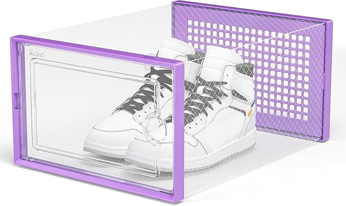 Kuject X-Large Shoe Storage Boxes Organizers Clear Plastic Stackable 12 Pack, Shoe Rack & Holder Substitute, Sneaker Containers, Toy Storage Organizer Bins for Entryway, Closet, Under Bed, Purple