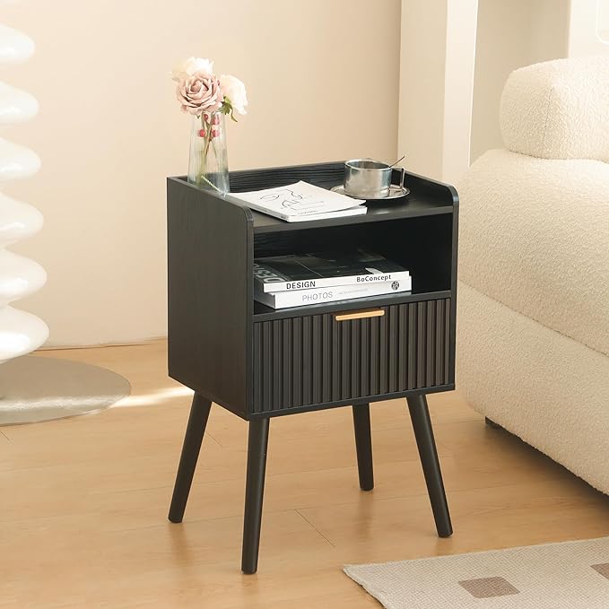 AWASEN Black Fluted Nightstand, Modern Bedside Table with Storage Drawers, Small Night Stand Bed Side Table with Solid Wood for Living Room, Bedroom, Office and Small Space (Black)