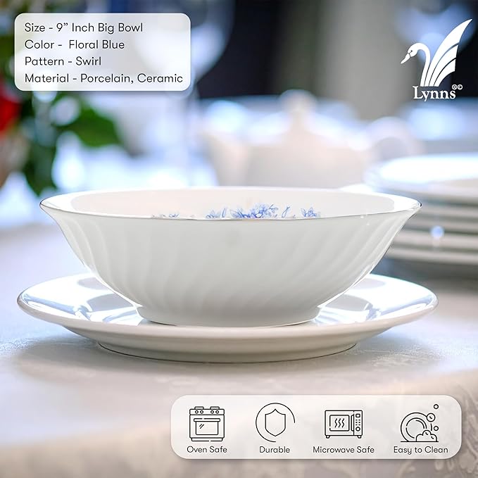 Lynns Paradise Royal Rose 9-Inch Big Bowl, Set of 3, Blue; 24K Gold Trim, Embossed Swirl, Colorful Floral Print, Porcelain