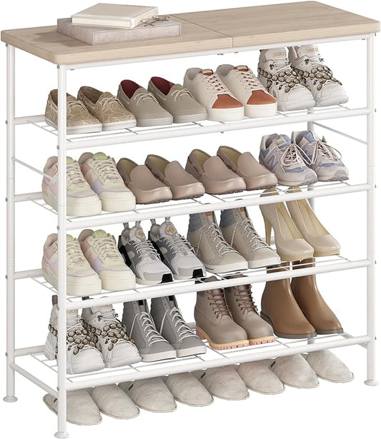 Shoe Rack Organizer 5 Tier for Closet Entryway Free Standing Metal Storage Shoe Shelf with MDF Top Board，White+Oak