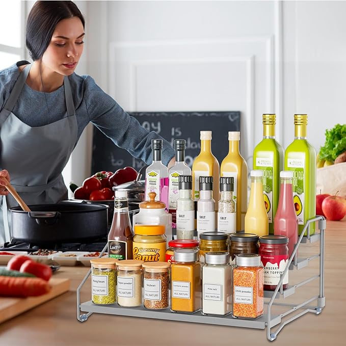 RCHYFEED 4 Tier Spice Rack Organizer, Spice Organization for Cabinet,Pantry, Countertop,Tiered Spice Rack Easy Visibility,Depth Expandable Seasoning Shelf for Kitchen Cabinet Organizer,Silver,2 PACK