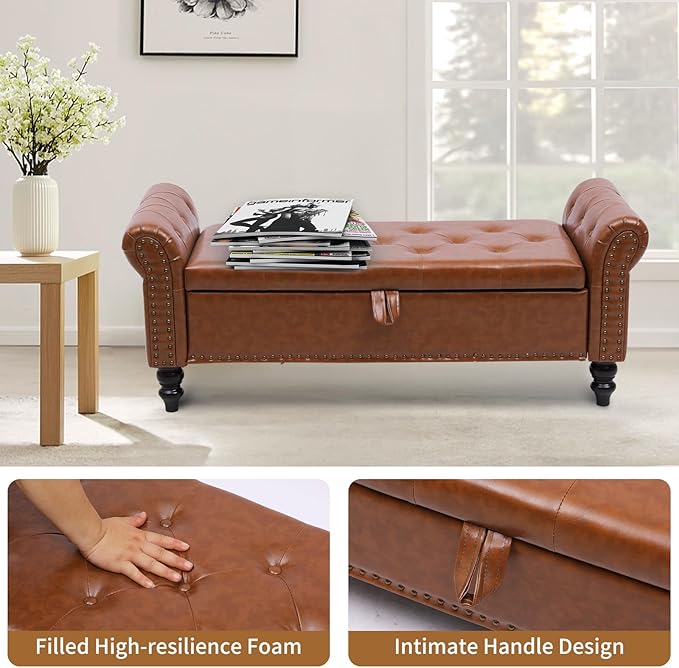 Storage Ottoman Bench with Arms, Faux Leather End of Bed Bench for Bedroom, Button Tufted Storage Bench for Entryway, Living Room, Large Storage Bench Foot Rest (New Brown)