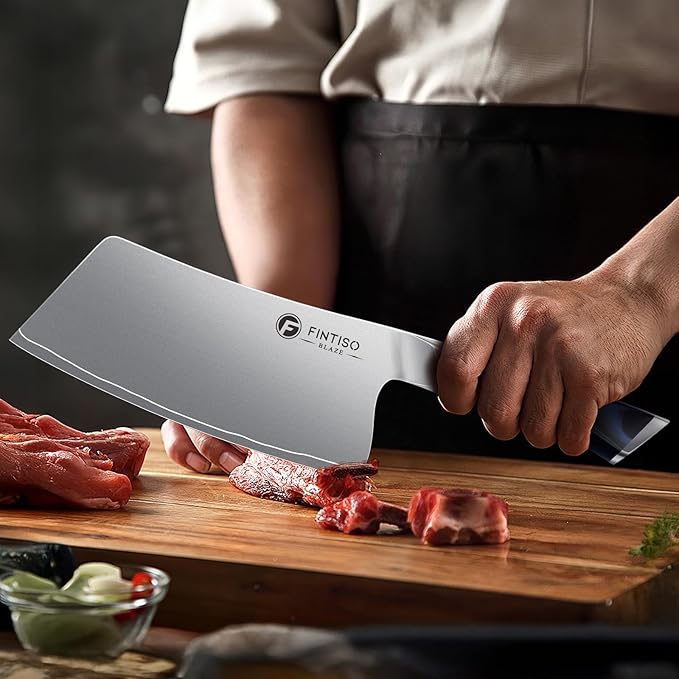 FINTISO Cleaver Knife 7 In, Kitchen Butcher Knife with G10 Ergonomic Handle, High Carbon Steel Vegetable Meat Cleaver, Heavy Duty Bone Chopper for Home and Restaurant