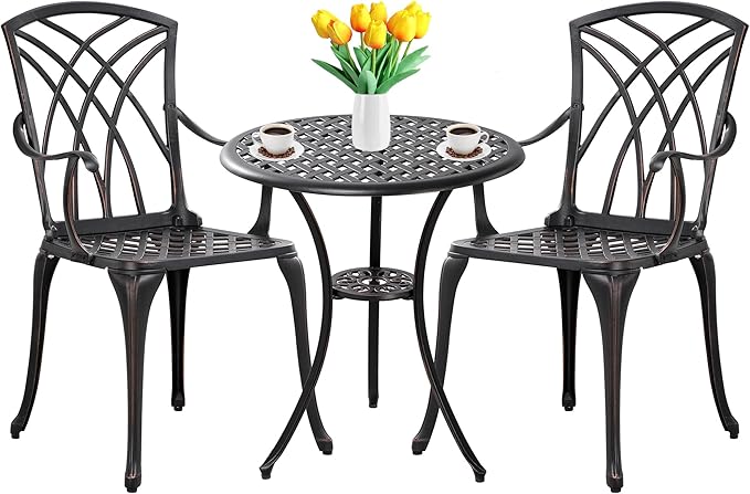3 Piece Patio Bistro Set Outdoor Bistro Table Set Anti Rust Bistro Table and Chairs w/Umbrella Hole, Durable Patio Set for Porch, Balcony