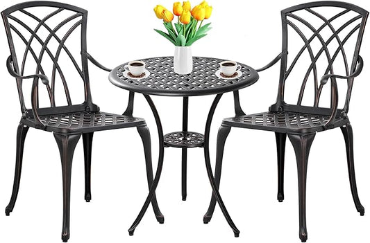3 Piece Patio Bistro Set Outdoor Bistro Table Set Anti Rust Bistro Table and Chairs w/Umbrella Hole, Durable Patio Set for Porch, Balcony