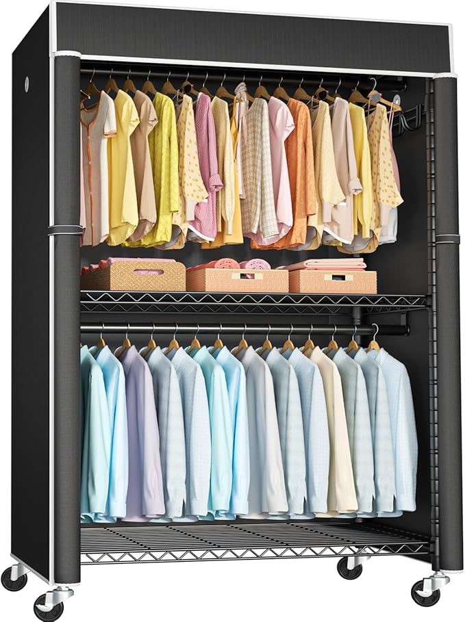 FUTASSI Black Clothing Rack with Black Cover, P1C Plus Rolling Closet with Wheels, Metal Garment Rack for Hanging Clothes, Clothing Storage Wardrobe, 46" W x 18.5" D x 80.7" H, Load 524 Pounds