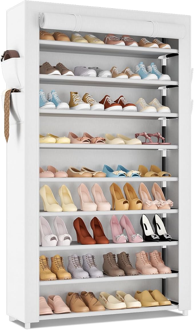 Shoe Rack with Covers 10 Tier Tall Shoe Rack Organizer Large Capacity Shoe Shelf Storage 40 Pairs Space Saving Free Standing Shoe Storage Organizer for Closet, Entryway, Dorm, White
