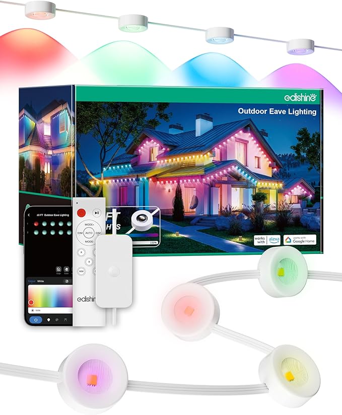 EDISHINE 120ft Smart Permanent Outdoor Eave Lights, 80 LED RGB+IC+Warm/Cool White Christmas Light, App & Remote Control, 50 Scene Modes IP67 Waterproof for House Year-Round Decor, Alexa Google Enable