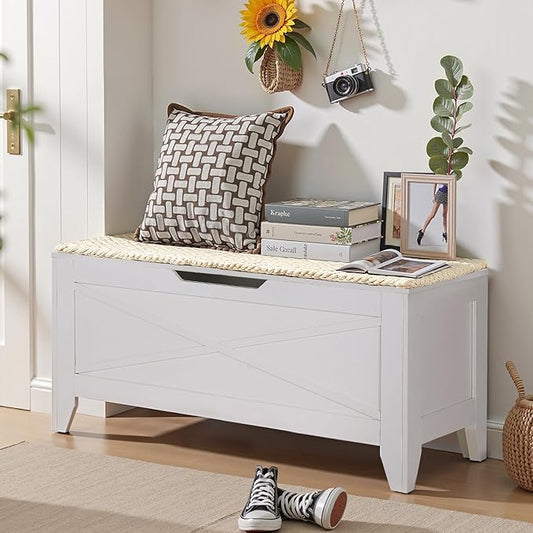 VECELO 43.3" Farmhouse Style Storage Bench, Entryway Shoe Ottoman, with Handwoven Cushion, with Metal Safety Hinges, for Bedroom, Living Room, Entryway, White
