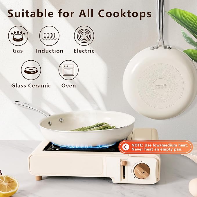 9.5" Ceramic Nonstick Frying Pan, Skillet, Cooking Pan Non Toxic with Stay Cool Handle for Induction, PTFE & PFAS & PFOA Free, Dishwasher/Oven Safe, White