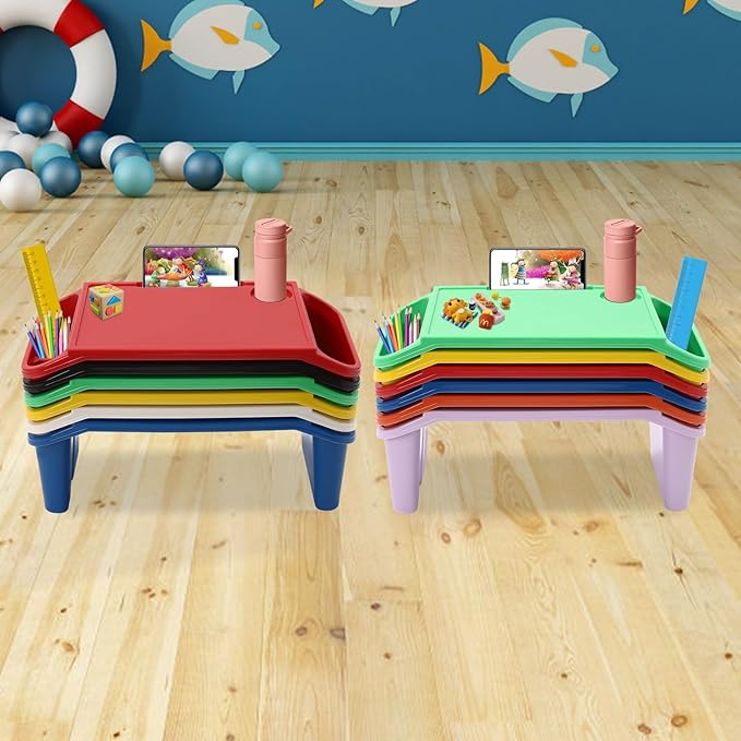 6 Pack Kids Lap Desk Tray with Storage Slots, Stackable Portable Lap Tray - Multicolor Kids Plastic Table, Activity Trays, Laptop Desk for Bed, Nursery, Reading, Doing Homework, 19.7x9.8x7.1''
