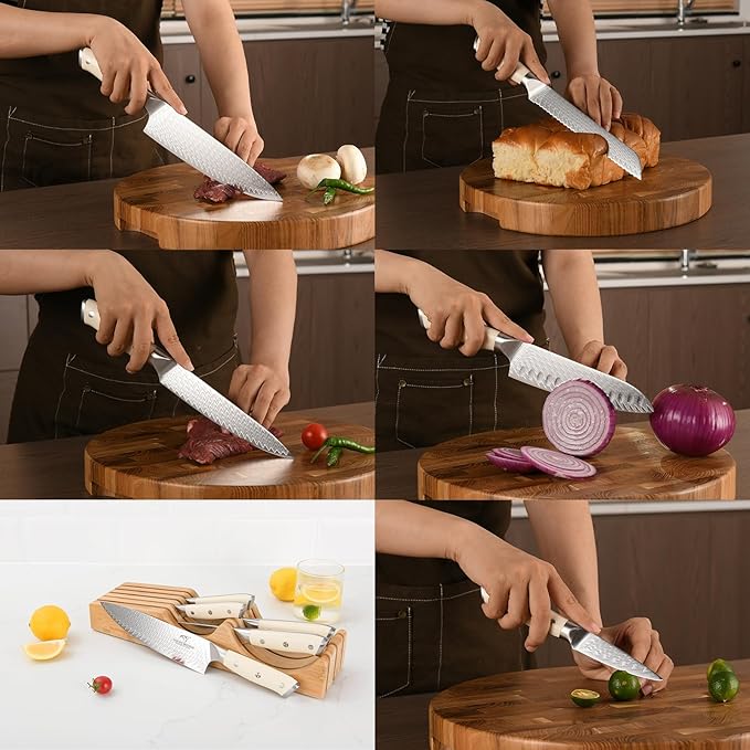 NANFANG BROTHERS Damascus Kitchen Knife Set,6 Pieces Drawer Knife Set,ABS Ergonomic Handle for VG10 Steel Professional Chef Knives Set with Block