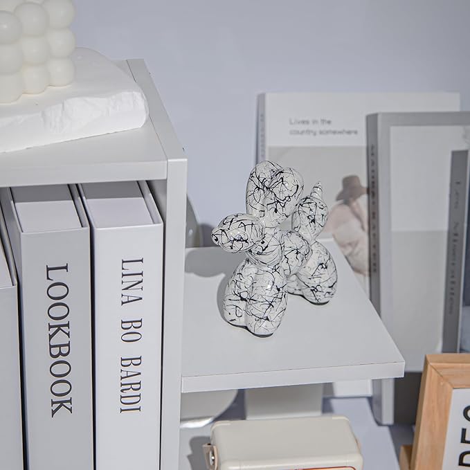 Creative Balloon Dog Statues Small Ceramic Animal Sculpture Modern Home Decor Living Room Desktop Decorations Bedroom Office Cabinet Ornament (White-B)