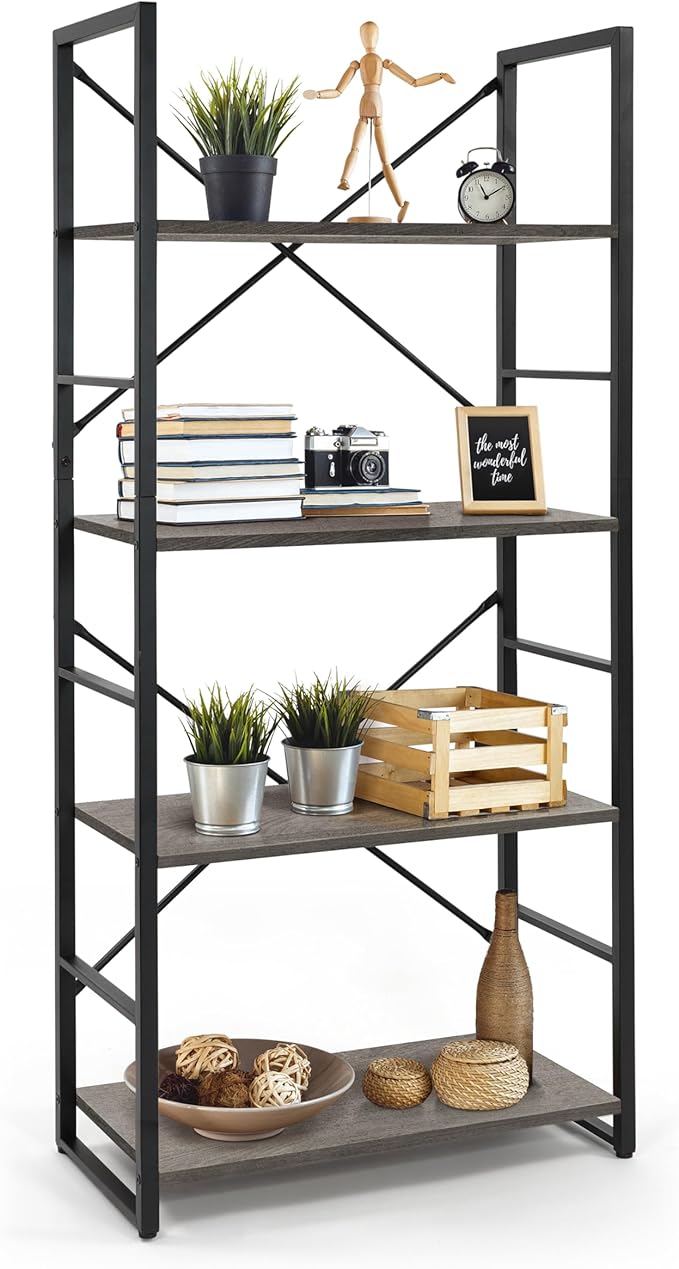 CAPHAUS 4 Tier Bookshelf, 24 Inch Width Free Standing Shelf, Bookcase Shelf Storage Organizer, Industrial Book Shelves for Home Office, Living Room, Kitchen, Dark Grey Vintage Shelves & Metal Frame