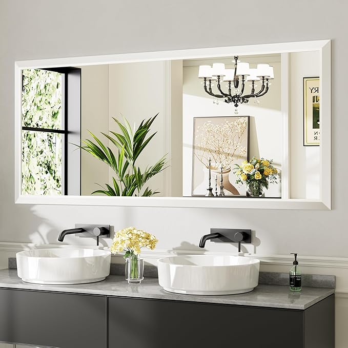 72x32 Inch White Bathroom Mirror for Wall, Thick Metal Framed Rectangle Mirrors for Over Sink, Bedroom, Living Room, Entryway, Anti-Rust, HD Tempered Glass