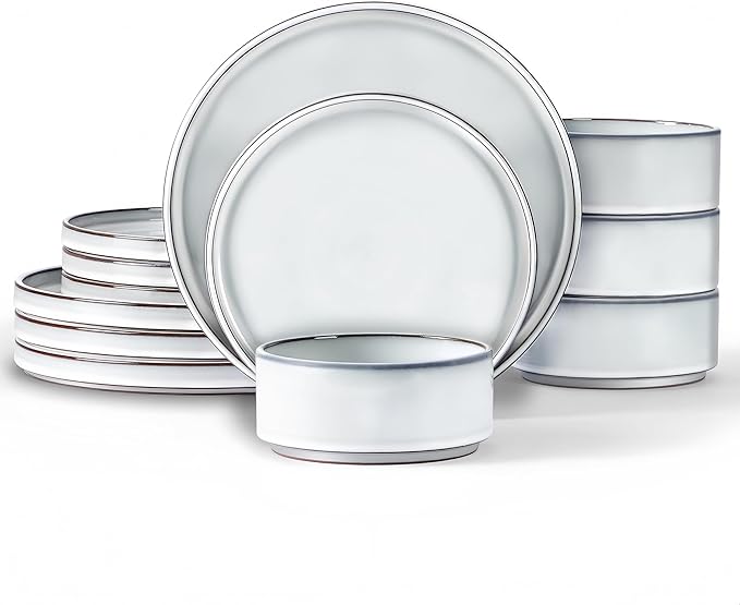 LIANYU Stoneware Dinnerware Dishes Sets for 4, 12 Piece Ceramic Plates and Bowls Dishware Set for Pasta Dessert Cereal, Rustic Terracotta Bottom, Microwave & Dishwasher Safe, Lucent White