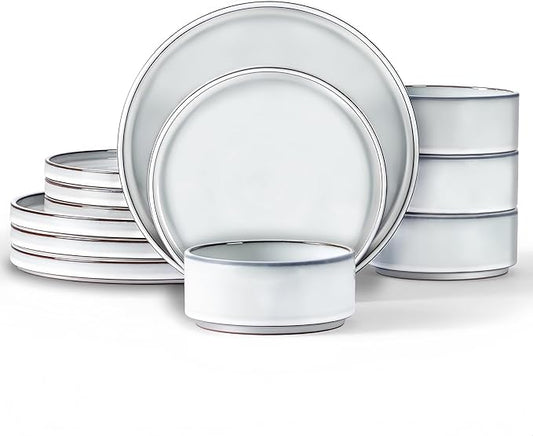 LIANYU Stoneware Dinnerware Dishes Sets for 4, 12 Piece Ceramic Plates and Bowls Dishware Set for Pasta Dessert Cereal, Rustic Terracotta Bottom, Microwave & Dishwasher Safe, Lucent White