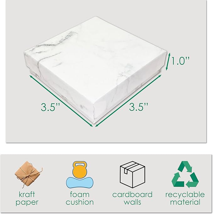 TheDisplayGuys - 24-Pack Cardboard Kraft Paper Jewelry Gift Boxes w. Velvet Padding - Necklace/Pendant - Marble White - #33 (3.5" x 3.5" x 1.0")