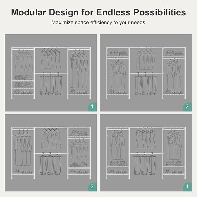 SEMHOR E06 Expandable Heavy Duty Clothes Rack for Reach-in Closet, Freestanding Clothing Racks with Shelves, Carbon Steel Closet Organizer System Adjustable from 70.8-93.9", Max Load 800LBS, White