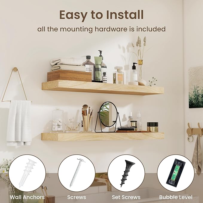 fuqing Floating Shelves for Wall - 36 Inch Natural Wood Shelves Set of 2-9.3 Inch Deep Wooden Wall Shelves with Upgraded Metal Brackets for Room