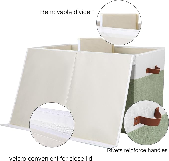 Large Toy Storage Box with Lid, Sturdy Toys Storage Chest Bin Organizer Basket with Dividers for Kids, Boys, Girls, Nursery, Closet, Bedroom, Playroom 26"x17" x17" (Green and White)