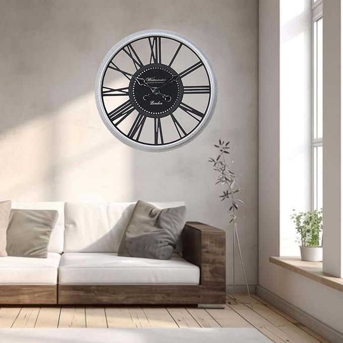 16 Inch Retro Black Wall Clock, Silent Non-Ticking Battery Operated Round Vintage Clock with Roman Numerals,Decorative Living Room, Kitchen, Bedroom Decor